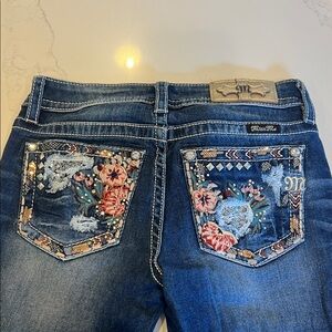 Miss Me Women's Dark Blue Floral Embroidered Boot Cut Jeans